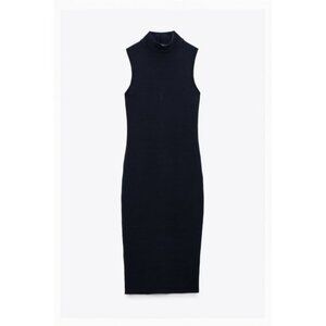 Zara Mock Neck Sleeveless Sweater Dress Dark Navy Soft Stretchy Midi